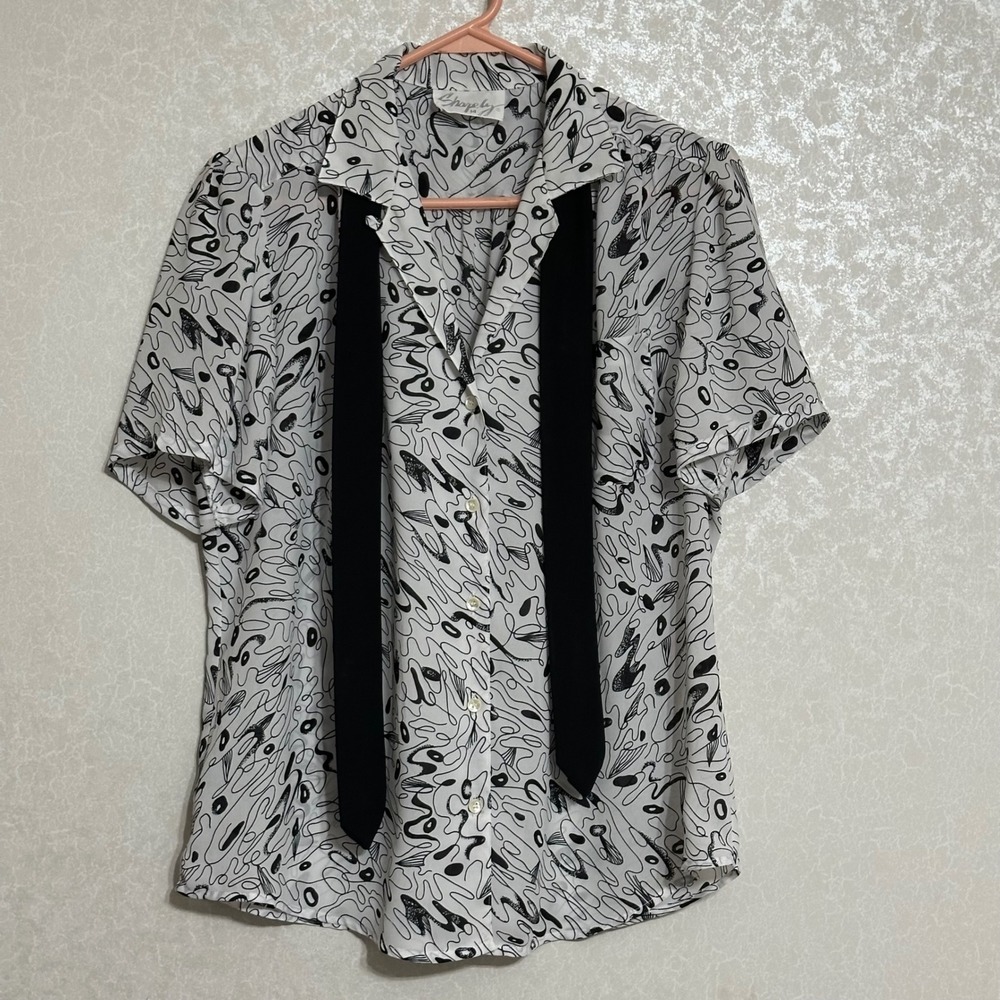 Shapely Abstract Art Print Neck Tie Blouse Black White Retro Vintage 80's L